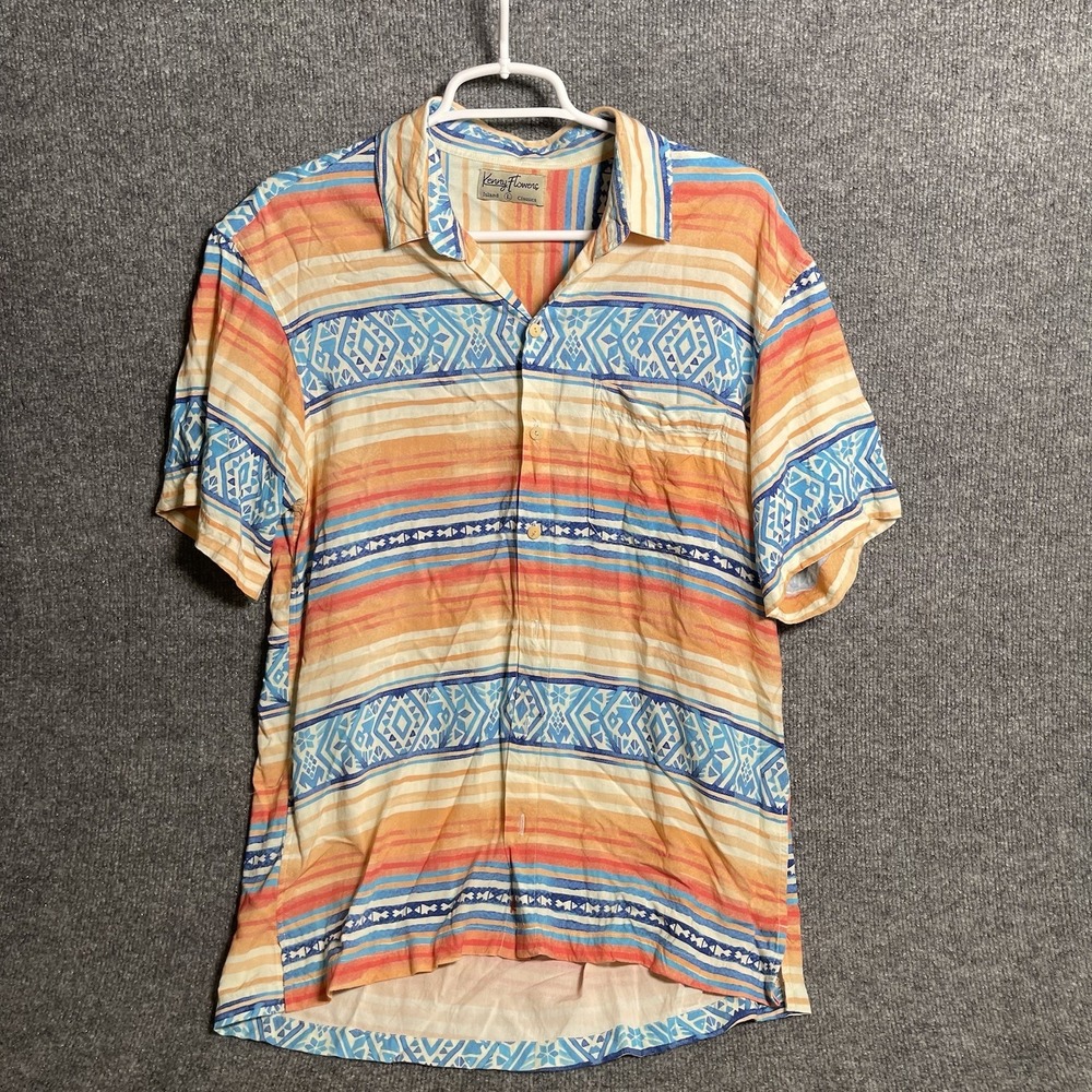 Kenny Flowers Shirt Mens Sz L Orange Button Up Camp Short Sleeve Island Classics
